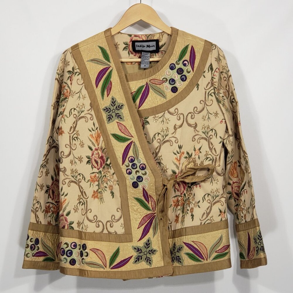 Indigo Moon Tan Floral Tapestry Jacket Quilted Embroidered Size Small
